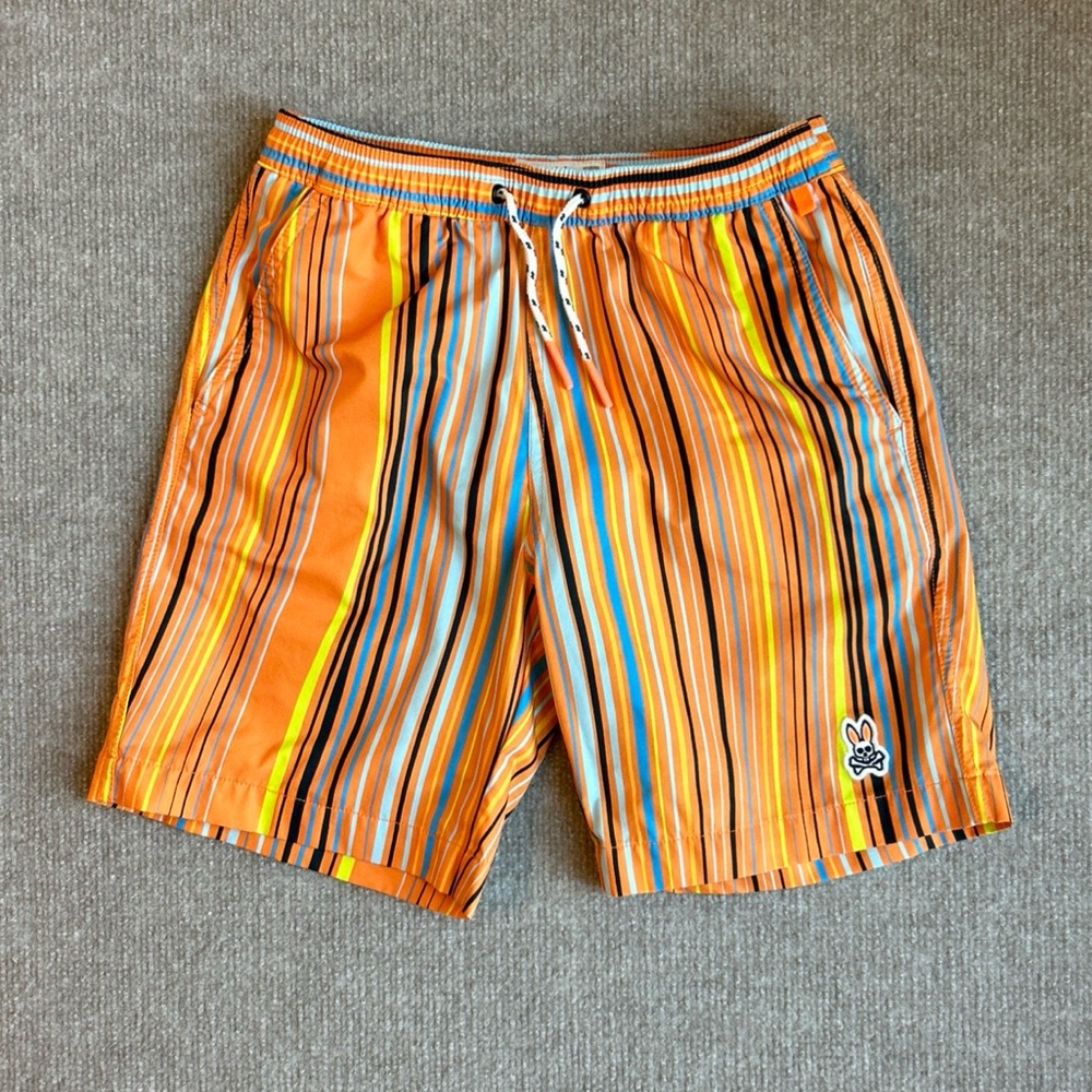 Psycho Bunny Boy’s Sz 10/12 Geometric Stretch Swim Trunks Shorts Orange Clay